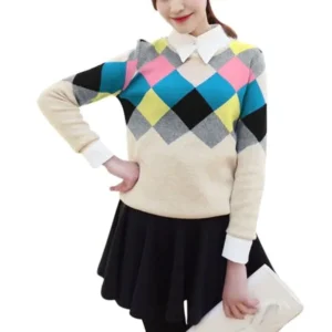 Allegra K Women's Beige Argyle Pattern Contrast Color Casual Sweater (Size S / 4)