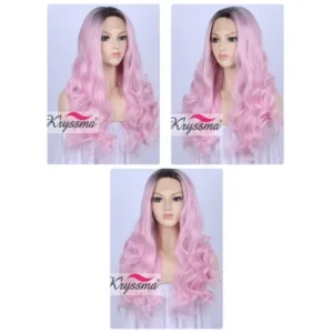 K'ryssma Baby Pink Synthetic Lace Front Wigs for Women Fashionable Long Wavy Ombre 2 Tone Dark Roots to Pink Wig Party Heat Resistant 24 inch