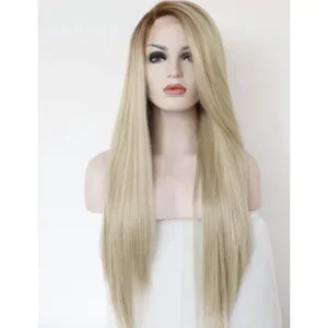 K'ryssma Fashion Ombre Blonde Glueless Lace Front Wigs 2 Tone Color Light Brown Roots #12 Side Part Long Natural Straight Heat Resistant Synthetic Hair Replacement Wig For Women Half Hand Tied