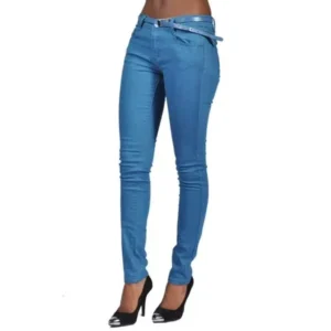 Stretch Denim Belted 5 Pocket Solid Colored Marine Blue High Fashion Jeans