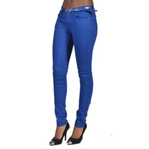 Stretch Denim Belted 5 Pocket Solid Colored Royal Blue High Fashion Jeans
