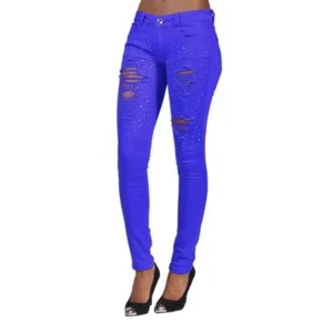 Womens Rhinestoned Ripped Skinny Junior Size Jeans Blue