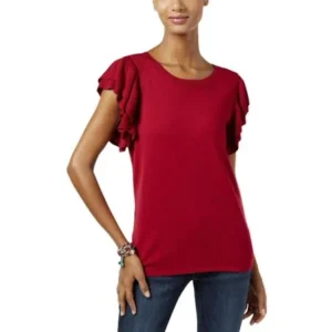 INC Womens Petites Ruffle Sleeve Crew Neck Crewneck Sweater