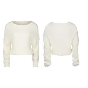Women Ivory Deep Round Neck Knit Long Sleeve Loose Pullover Sweater Coat