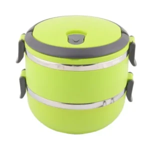Unique Bargains Home School Office Plastic Handle Stainless Steel Double Layers Lunch Box Green