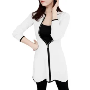 Unique Bargains Women's Zip Up Asymmetric Hem Slim Fit Piped Tunic Cardigan