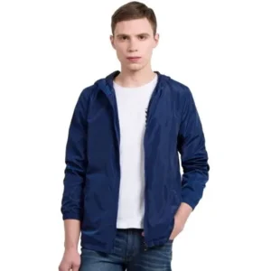 Unique Bargains Men's Long Sleeves Zipper Front Windbreaker Hoodie Full Lining Jacket Navy Blue (Size M / 40)