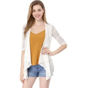 Women's Open Front Three Quarter Sleeves Casual Lace Cardigan White M (US 10)