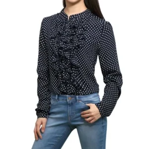 Unique Bargains Women's Polka Dotted Ruffled Front Half-Button Placket Blouse