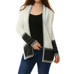 Unique Bargains Women's 100% Cashmere Contrast Color Plaited Cardigan Sweater