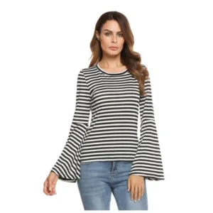 OCTAP Cyber Week Deals ! Women Long Bell Sleeve Striped T-shirt Personality Casual Slim Tops