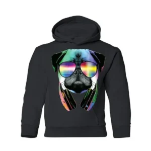 DJ Dog Pug Sun Glasses and Headphones Youth Hoodie Black Large