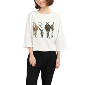 Woman Drop 3/4 Sleeves Horse Print Tunic Loose Top