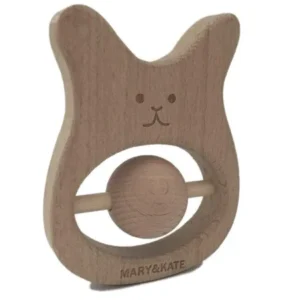 wooden baby toy - montessori bunny teether - natural bpa-free rattle