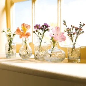 Small Cut Glass Vases In Differing Unique Shapes - Set of Five - Clear or Jewel Tones