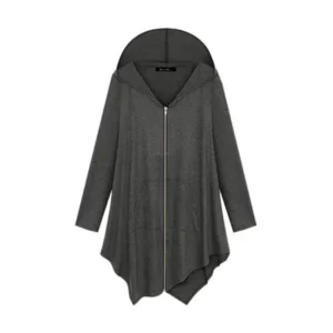 Women's Hooded Zip Up Kangaroo Pocket Asymmetric Hem Jacket Gray M