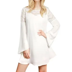 Women's Lace Panel Bell Sleeves Round Neck Tunic Dress White