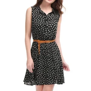 Women's 1/2 Placket Cat Printed Sleeveless Dress w Belt