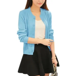 Woman Long Sleeve Round Neck Button Down Knit Cardigan Light Blue XS