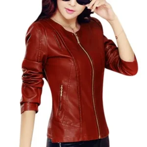 Women Long Sleeves Zip Closed Slim Fit Motor PU Jacket Red S
