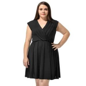 Allegra K Women's Surplice Neckline Cap Sleeves Plus Size A-Line Dress Black 3X