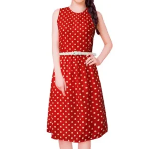 Unique Bargains Women Polka Dots Print Sleeveless Belted A Line Dress