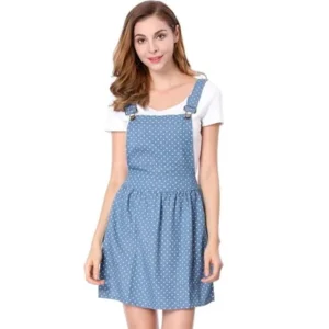 Women's Dots Pattern Adjustable Shoulder Straps Denim Overall Dress Blue (Size L / 12)