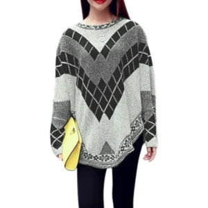 Women Batwing Sleeve Asymmetric Hem Plaids Poncho Light Gray S