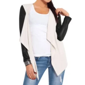 Unique Bargains Women Long Sleeves Open Front PU Panel Draped Cardigan