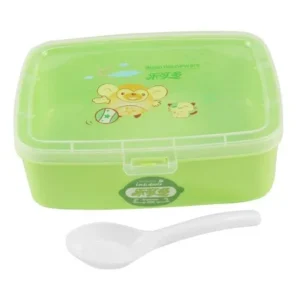 Plastic Lid Green Rectangle Lunchbox Pail Food Container w Spoon
