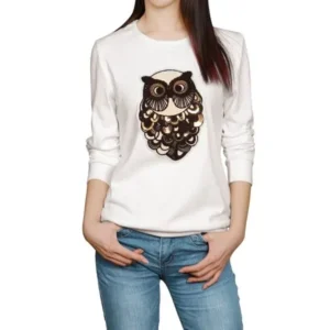 Unique Bargains Women's Sequined Owl Applique Long Sleeves Sweatshirt