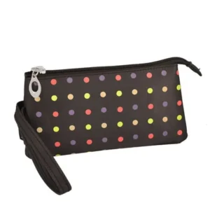 Unique Bargains Polka Dot Portable Zippered Cosmetic Bag Organizer for Travel Storage Makeup Brown Women Lady w Mirror