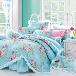 Best Bedding set 4- Piece Cotton Printed Pink Rose Floral Lace Duvet Cover Sets (Duvet Cover+Bed Sheet+Pillow Cases) For Girls Blue Queen