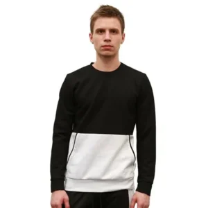 Men's Contrast Color Long Sleeves Crew Neck Panel Sweatshirt Black (Size M / 38)