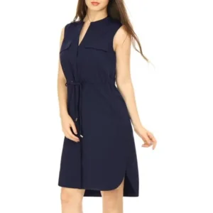 Women's Drawstring Waist Hidden Button Closure Sleeveless Shirt Dress