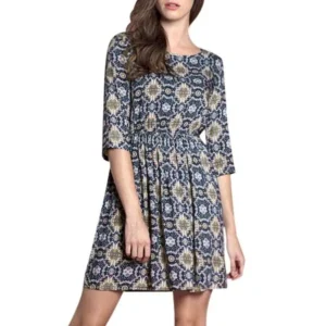 Women's Floral Prints 3/4 Sleeves Elastic Waist A Line Dress Blue