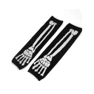 Women Bone Pattern Knitting Thumbhole Winter Fingerless Arm Long Gloves Black