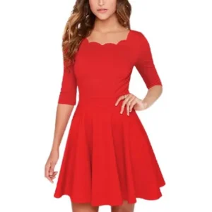 Woman Scalloped Neckline 1/2 Sleeves Tunic Dress Red M