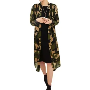 Women Semi Sheer Camouflage Chiffon Tunic Cardigan Green XS
