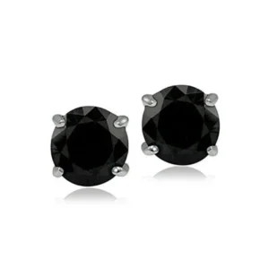 Rhodium Plated Round Cubic Zirconia Stud Earrings with Surgical Steel Post, Black 3mm