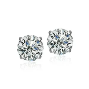 Rhodium Plated Round Cubic Zirconia Stud Earrings with Surgical Steel Post, Clear 3mm