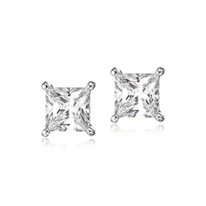 Rhodium Plated Square Cubic Zirconia Stud Earrings with Surgical Steel Post, Clear 8mm