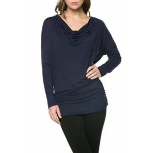 Sassy Apparel Women's Trendy Long Sleeve Draped Cowl Neck Fashion Top (Medium, Black)