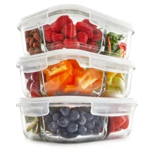 3 Compartment Glass Meal Prep Containers with Lids (3 Pack) - Portion Control Food Storage | BPA Free, Microwave, Oven, and Dishwasher Safe | Airtight and Leakproof Lids | Bento Box | Lunch Containers