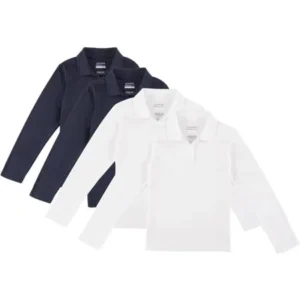 George Girls' School Uniform Long Sleeve Polo Shirts, 4-Pack Value Bundle