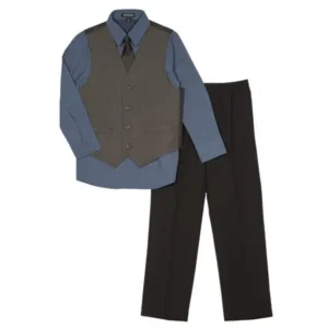 Boys 4 Piece Suit Blue Polka Dot Shirt Black Pants Charcoal Vest & Tie Set 4