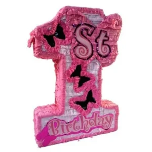 Girls First Birthday Pinata, 20" Pink Number One with Butterfly Windows and Shiny Accents, Party Game, Centerpiece Decoration and Photo Prop