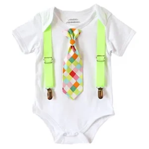 Noah's Boytique Baby Boy Clothes With Tie Neon Green Suspenders and Colorful Tie Newborn