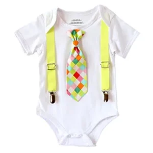 Noah's Boytique Baby Boy Clothes With Tie Neon Yellow Suspenders and Colorful Tie 3-6 Months