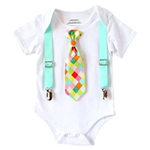 Noah's Boytique Baby Boy Clothes With Tie Neon Aqua Suspenders and Colorful Tie 0-3 Months